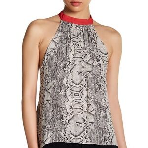 Free People Snake Skin Print Tank Top- button up back- red trim. Size M